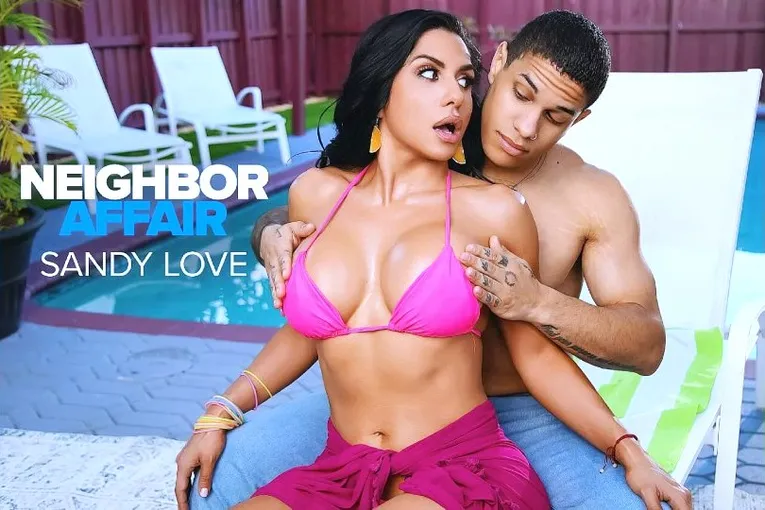 Busty Latina Sandy Love gets her body massaged before taking the neighbor’s cock